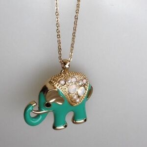 Vintage 1980s Signed NRO Green elephant pendant and chain green enamel faux moon